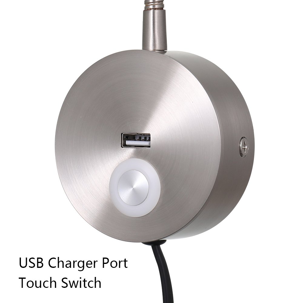 Brushed Nickel LED Hoses Touch Wall Lamp Flexible Home Hotel Bedside Reading Lamp Modern Fashion Book Light With USB Charge Port
