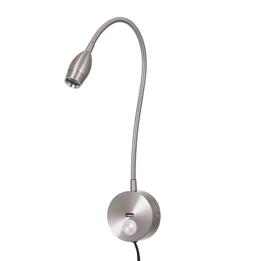 Brushed Nickel LED Hoses Touch Wall Lamp Flexible Home Hotel Bedside Reading Lamp Modern Fashion Book Light With USB Charge Port