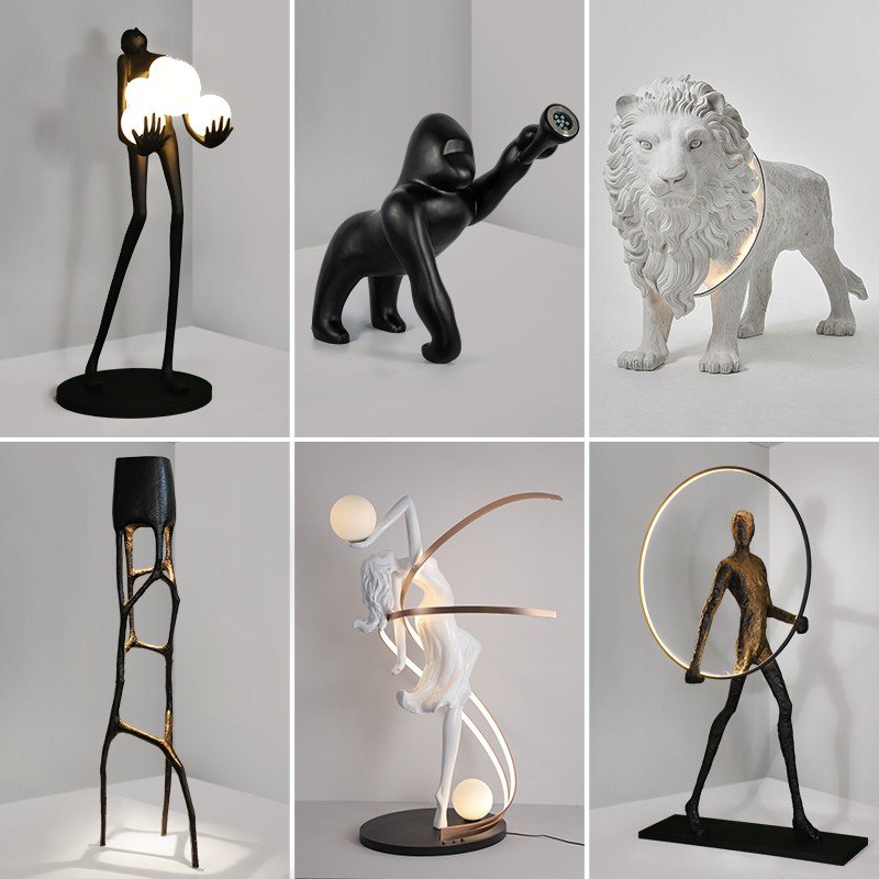 resin man sculpture lamp lights art black bronze chrome unusual large modern body human fiberglass indoor floor standing lamp
