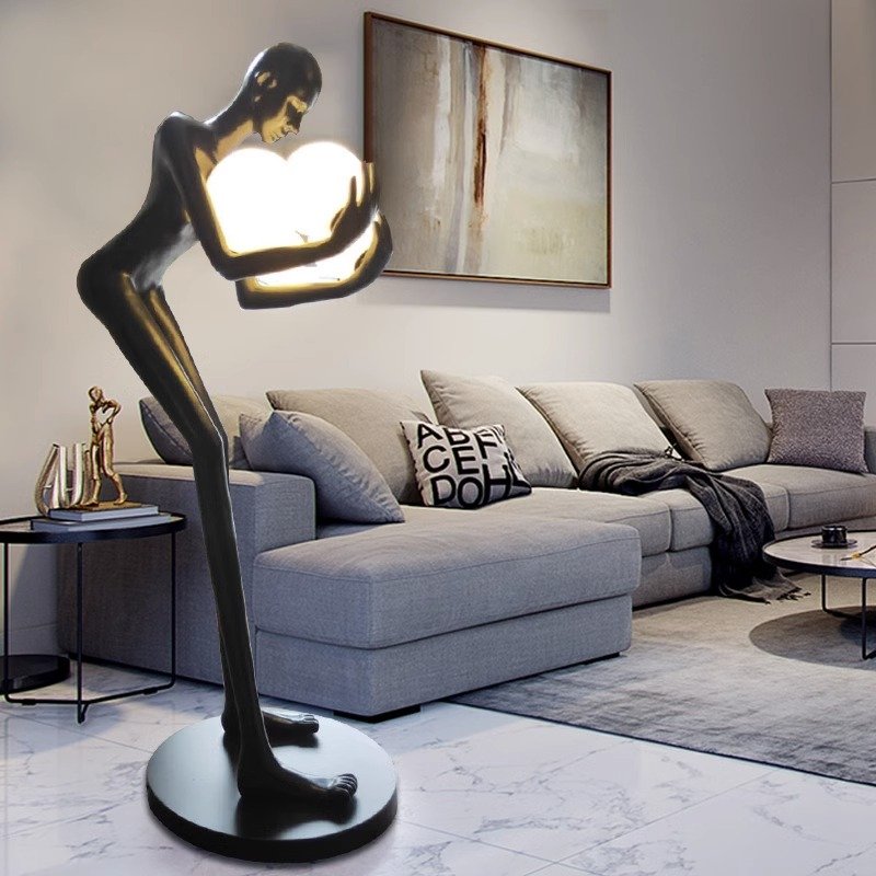 resin man sculpture lamp lights art black bronze chrome unusual large modern body human fiberglass indoor floor standing lamp