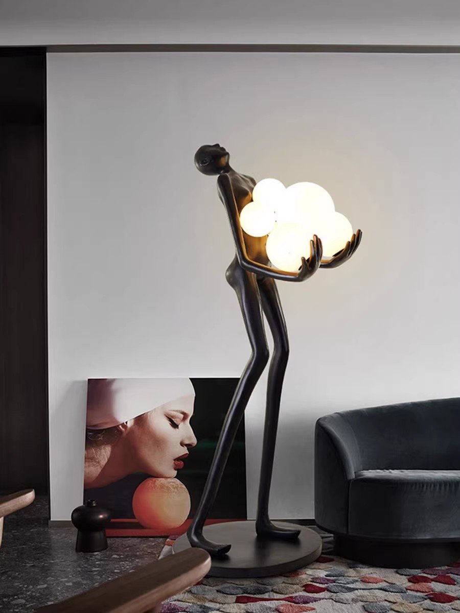 resin man sculpture lamp lights art black bronze chrome unusual large modern body human fiberglass indoor floor standing lamp