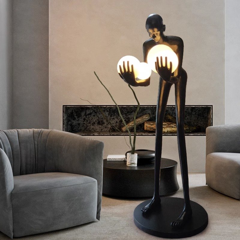 resin man sculpture lamp lights art black bronze chrome unusual large modern body human fiberglass indoor floor standing lamp