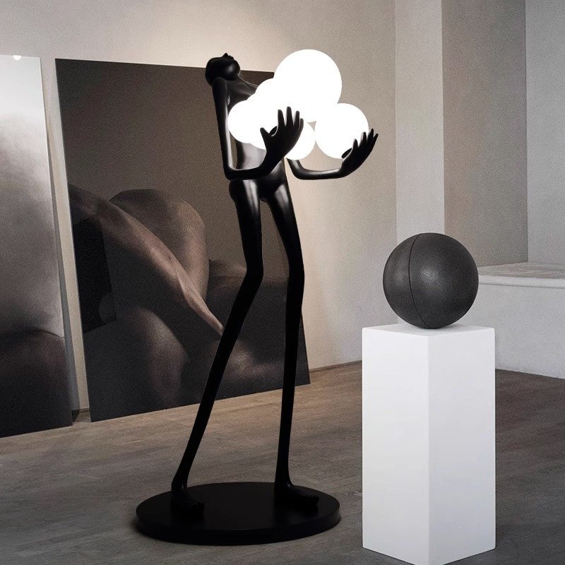 resin man sculpture lamp lights art black bronze chrome unusual large modern body human fiberglass indoor floor standing lamp