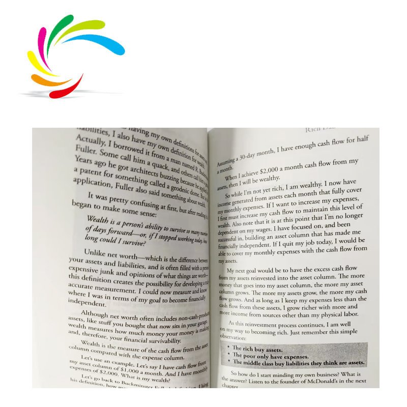 New arrival paperback novel book printing light weight paper Bestseller motivative stock rich dad poor dad book Printing