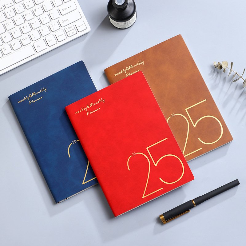 A5 English Schedule Book Weekly Daily Diary Planner PU Leather Weekly Planner Agenda Personalizada 2025