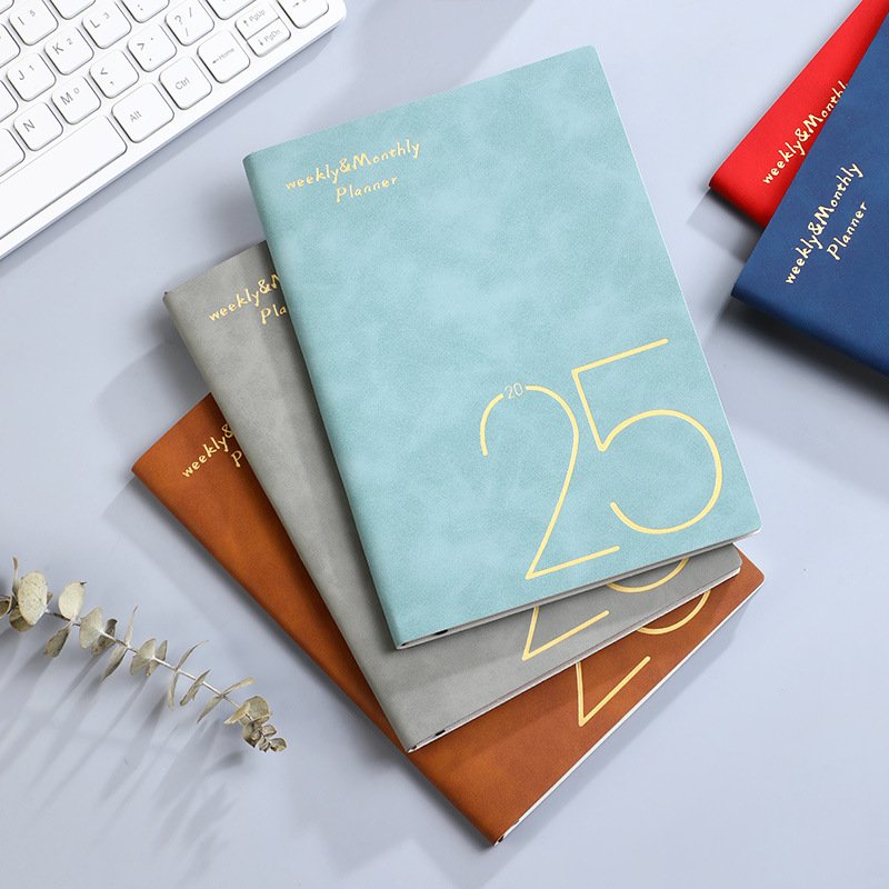 A5 English Schedule Book Weekly Daily Diary Planner PU Leather Weekly Planner Agenda Personalizada 2025