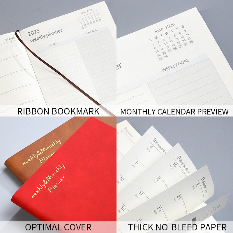 A5 English Schedule Book Weekly Daily Diary Planner PU Leather Weekly Planner Agenda Personalizada 2025