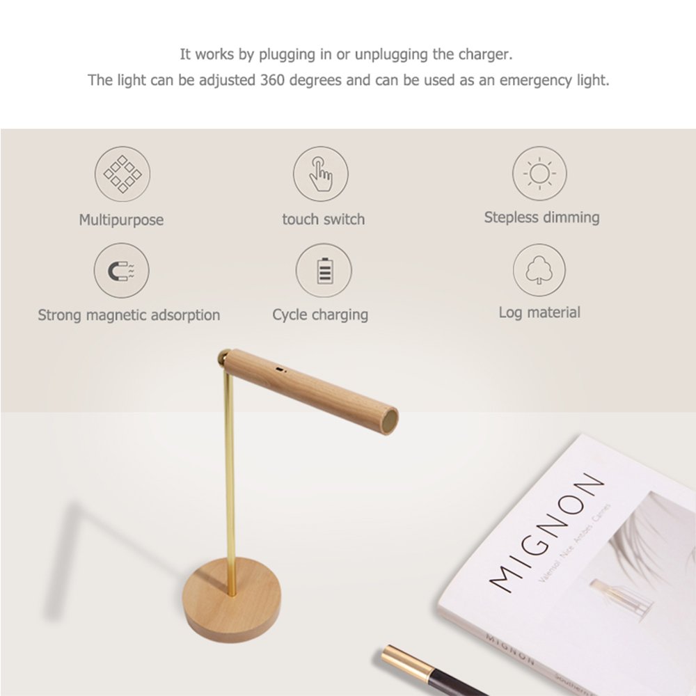 Wooden LED Desk Lamp Reading Lamp 360 Degree Rotatable Detachable Magnetic Dimmable Reading Lamp