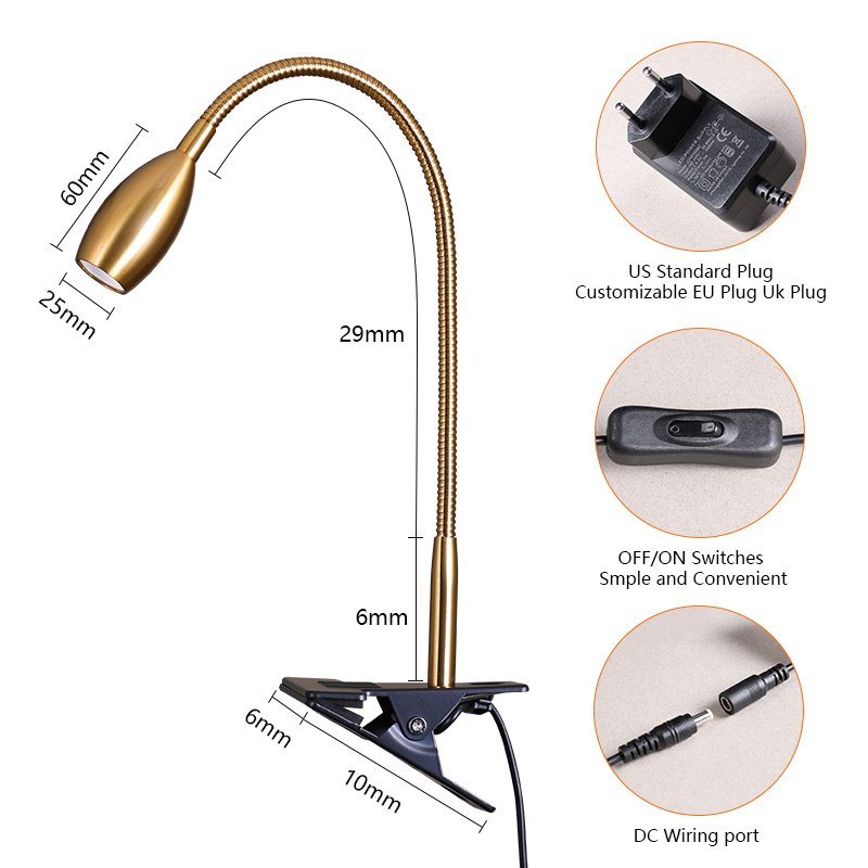 customizable golden 3W clip light for desk Headboards Crafting Work Flexible to adjust the angles metal clip reading light