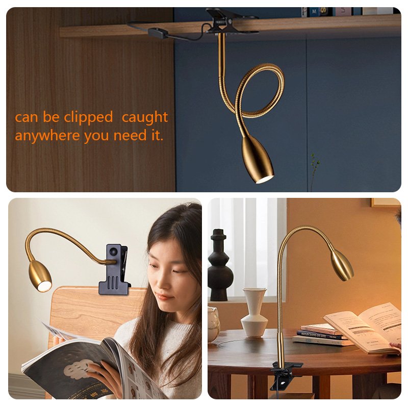 customizable golden 3W clip light for desk Headboards Crafting Work Flexible to adjust the angles metal clip reading light