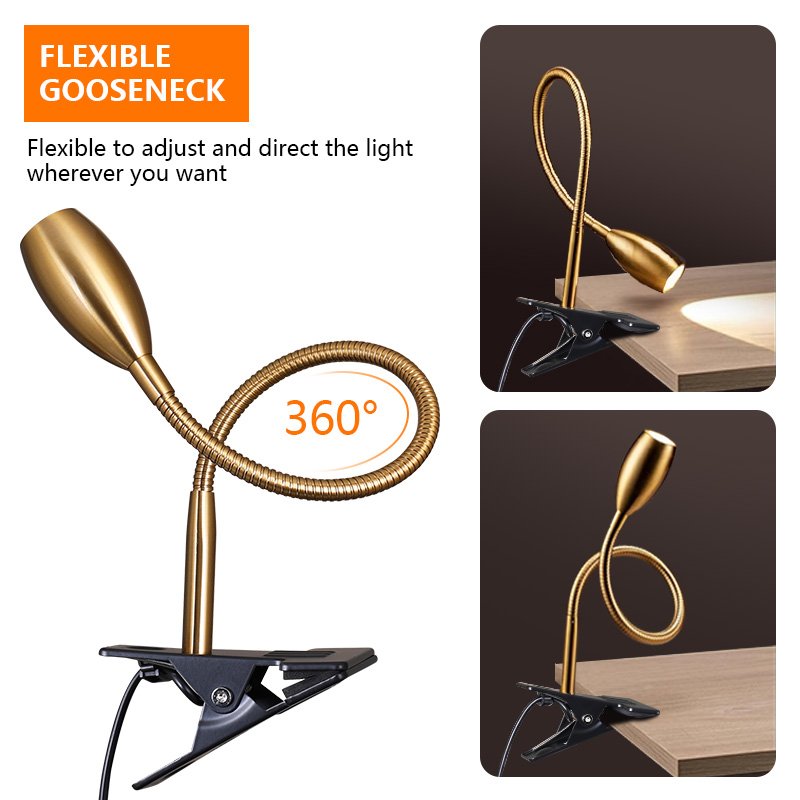 customizable golden 3W clip light for desk Headboards Crafting Work Flexible to adjust the angles metal clip reading light