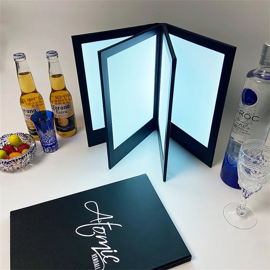Rechargeable Illuminated Lighting 3 Pages Leather Cover Book LED Drinking Menu Holder Table Tent for KTV Restaurant Night Club