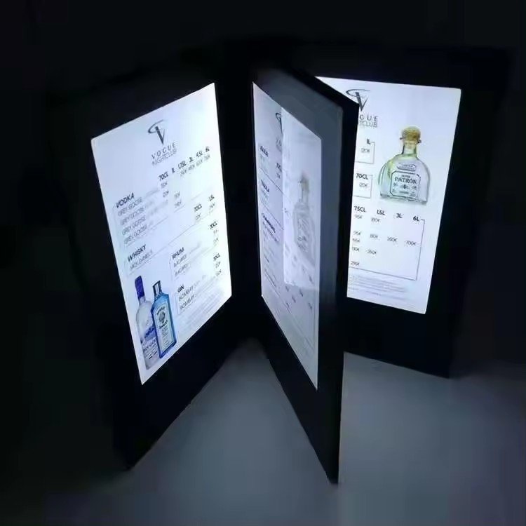 Rechargeable Illuminated Lighting 3 Pages Leather Cover Book LED Drinking Menu Holder Table Tent for KTV Restaurant Night Club