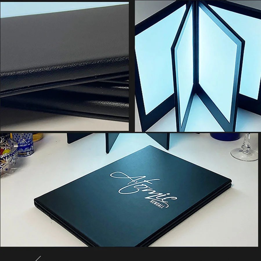 Rechargeable Illuminated Lighting 3 Pages Leather Cover Book LED Drinking Menu Holder Table Tent for KTV Restaurant Night Club