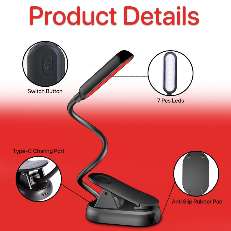 Red Light Bright Rechargeable Book Lamp Portable Book Light Clip Design Flexible Neck Reading Light For Study