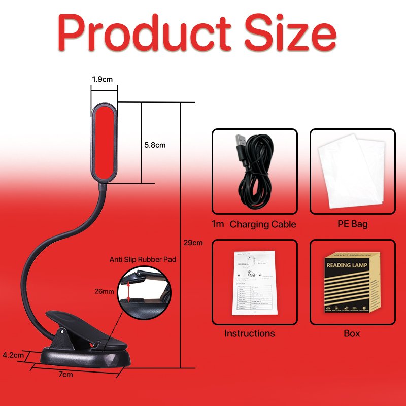 Red Light Bright Rechargeable Book Lamp Portable Book Light Clip Design Flexible Neck Reading Light For Study