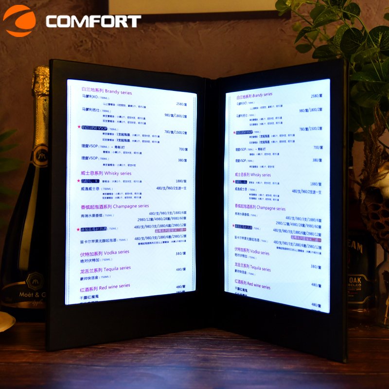 Factory directly sell Restaurant bar nightclub led light upleather menu cover illuminated led backlit menu book