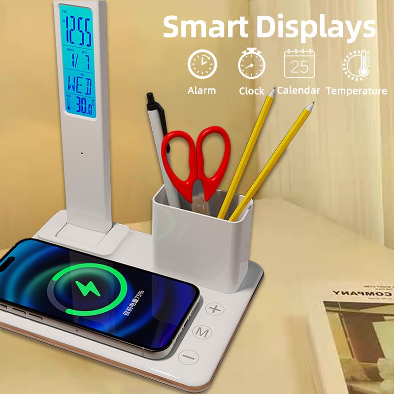 4 in 1 Multifunctional Table Lamp+Alarm Clock+Pen Holder+15W wireless charger function, LED Reading Book Light