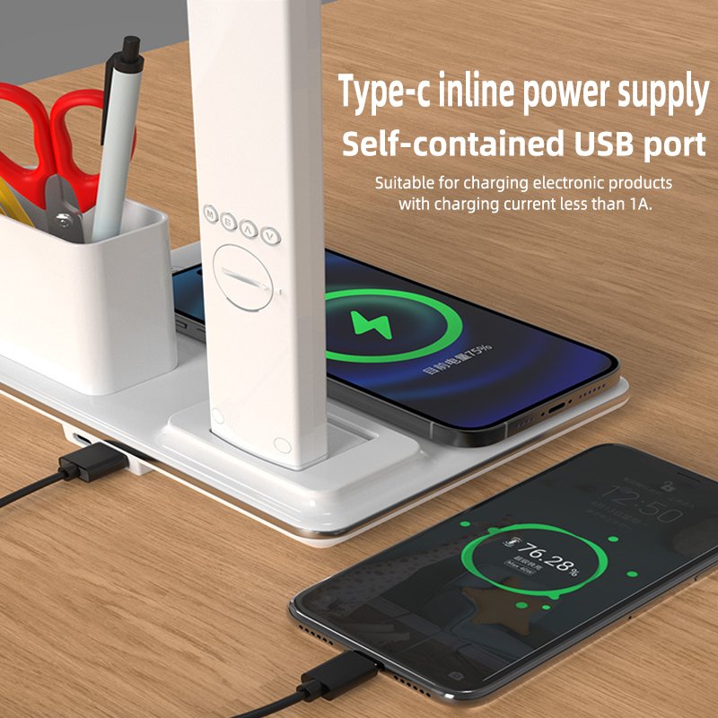 4 in 1 Multifunctional Table Lamp+Alarm Clock+Pen Holder+15W wireless charger function, LED Reading Book Light