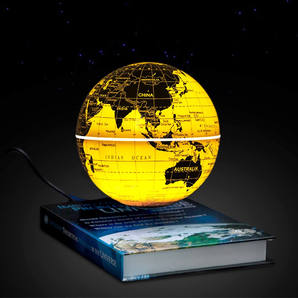 14cm 6 Inch Golden English Geographic 360 Degree Automatic Rotation World Map Magnetic Levitating Floating White LED Light Globe