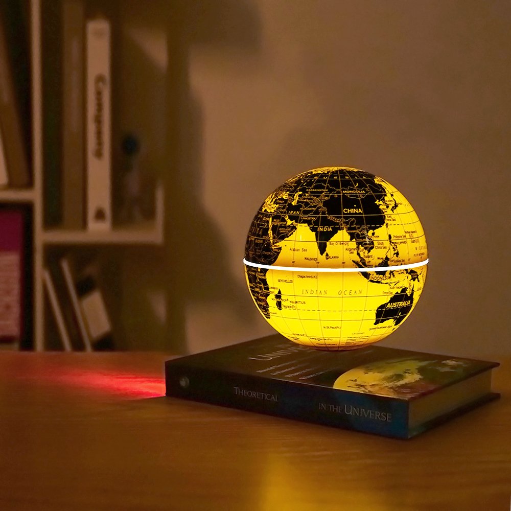 14cm 6 Inch Golden English Geographic 360 Degree Automatic Rotation World Map Magnetic Levitating Floating White LED Light Globe