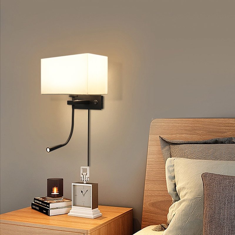 Dimmable Flexible Gooseneck Wall Mount Mounted Bedside Reading LED Light Lamp with USB Port and double switch Cloth lampshade