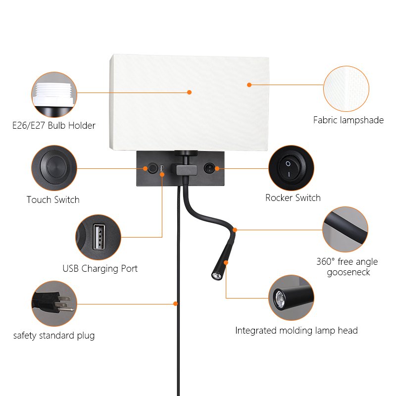 Dimmable Flexible Gooseneck Wall Mount Mounted Bedside Reading LED Light Lamp with USB Port and double switch Cloth lampshade