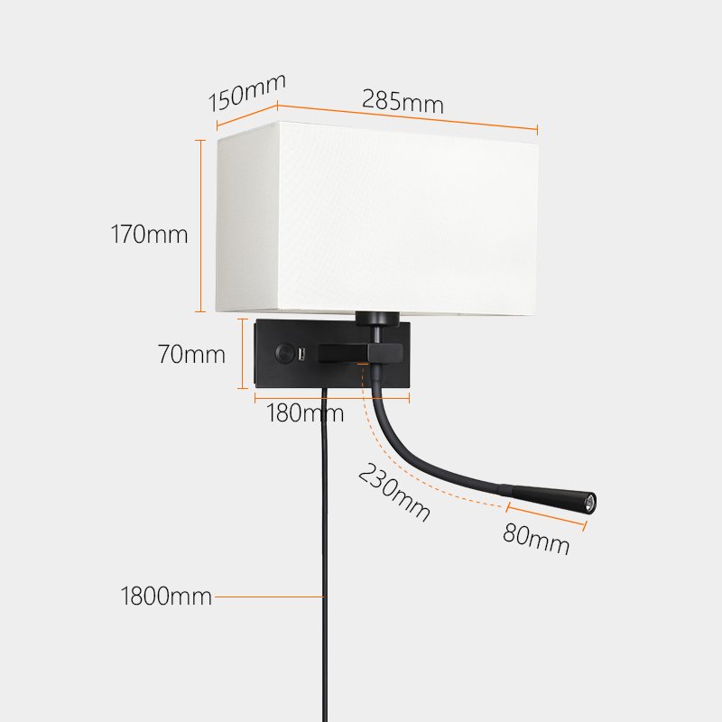 Dimmable Flexible Gooseneck Wall Mount Mounted Bedside Reading LED Light Lamp with USB Port and double switch Cloth lampshade