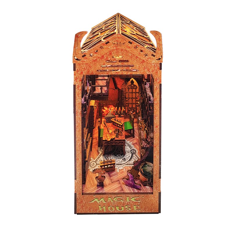 Design Beautiful Book End Home Art Decorations Handcraft Three-dimensional Carved Wooden Academy Of Magic Puzzle With Lights