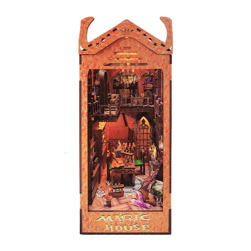 Design Beautiful Book End Home Art Decorations Handcraft Three-dimensional Carved Wooden Academy Of Magic Puzzle With Lights