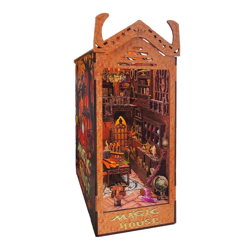Design Beautiful Book End Home Art Decorations Handcraft Three-dimensional Carved Wooden Academy Of Magic Puzzle With Lights