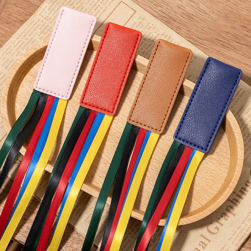 Ribbon Bookmark Ribbon Markers Artificial Leather Bookmark with Colorful Ribbons for Books