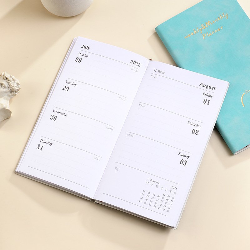 2025 A6 Small Leather Diary English Calendar 365 day Notebook Daily Planners Kawaii Pocket PU Agenda