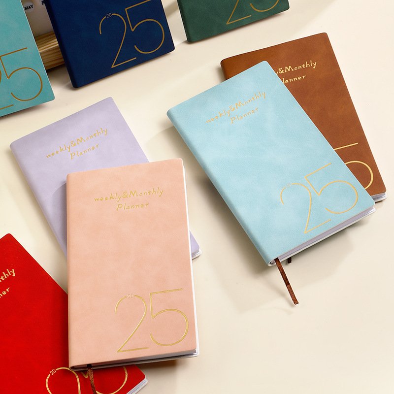 2025 A6 Small Leather Diary English Calendar 365 day Notebook Daily Planners Kawaii Pocket PU Agenda