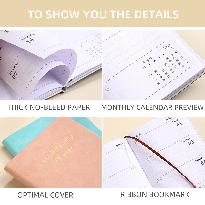 2025 A6 Small Leather Diary English Calendar 365 day Notebook Daily Planners Kawaii Pocket PU Agenda