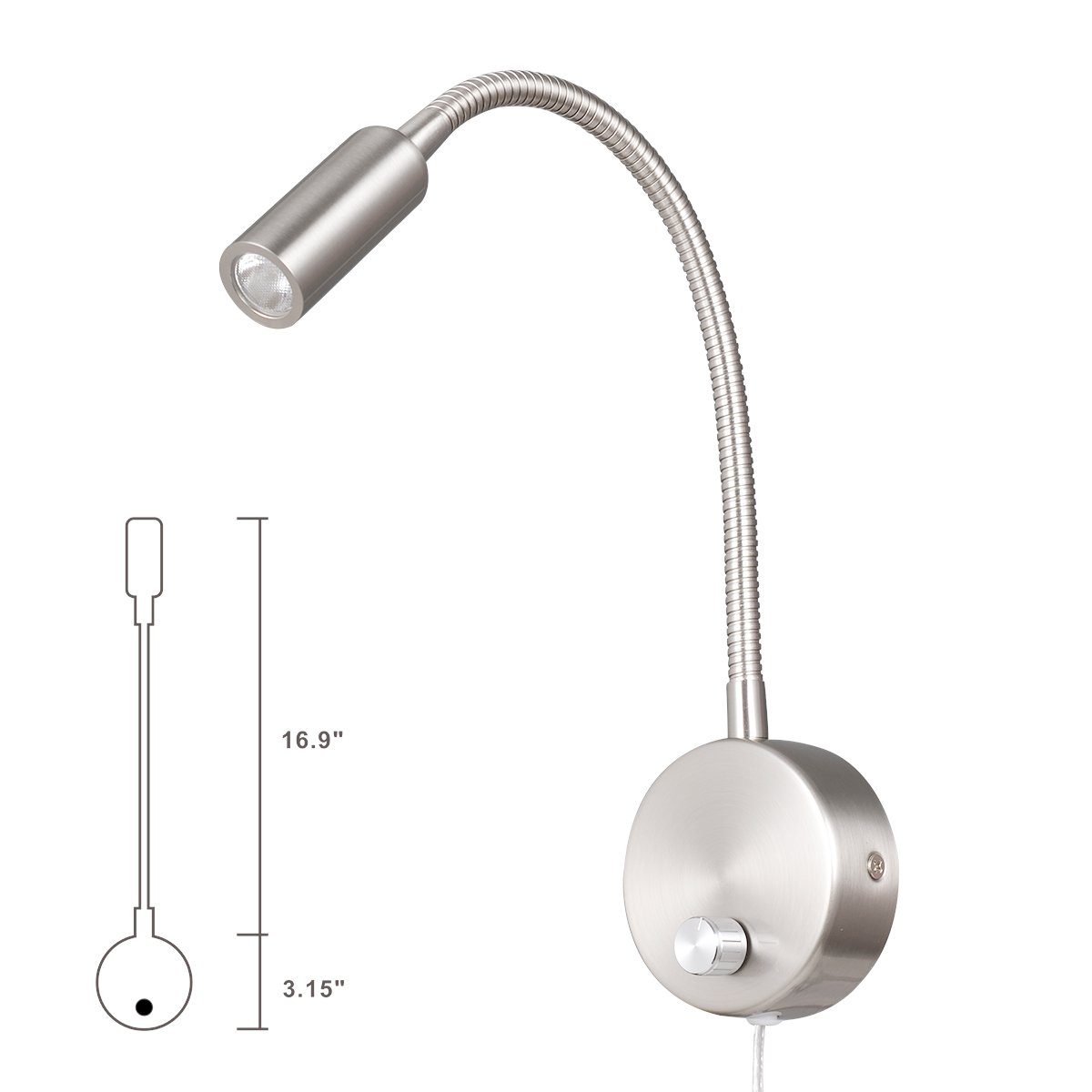Manual Control Dimmable Flexible Gooseneck Wall Lamp Reading Lights for Books in Bed 3w /surface nickel /3000k/AC 220V