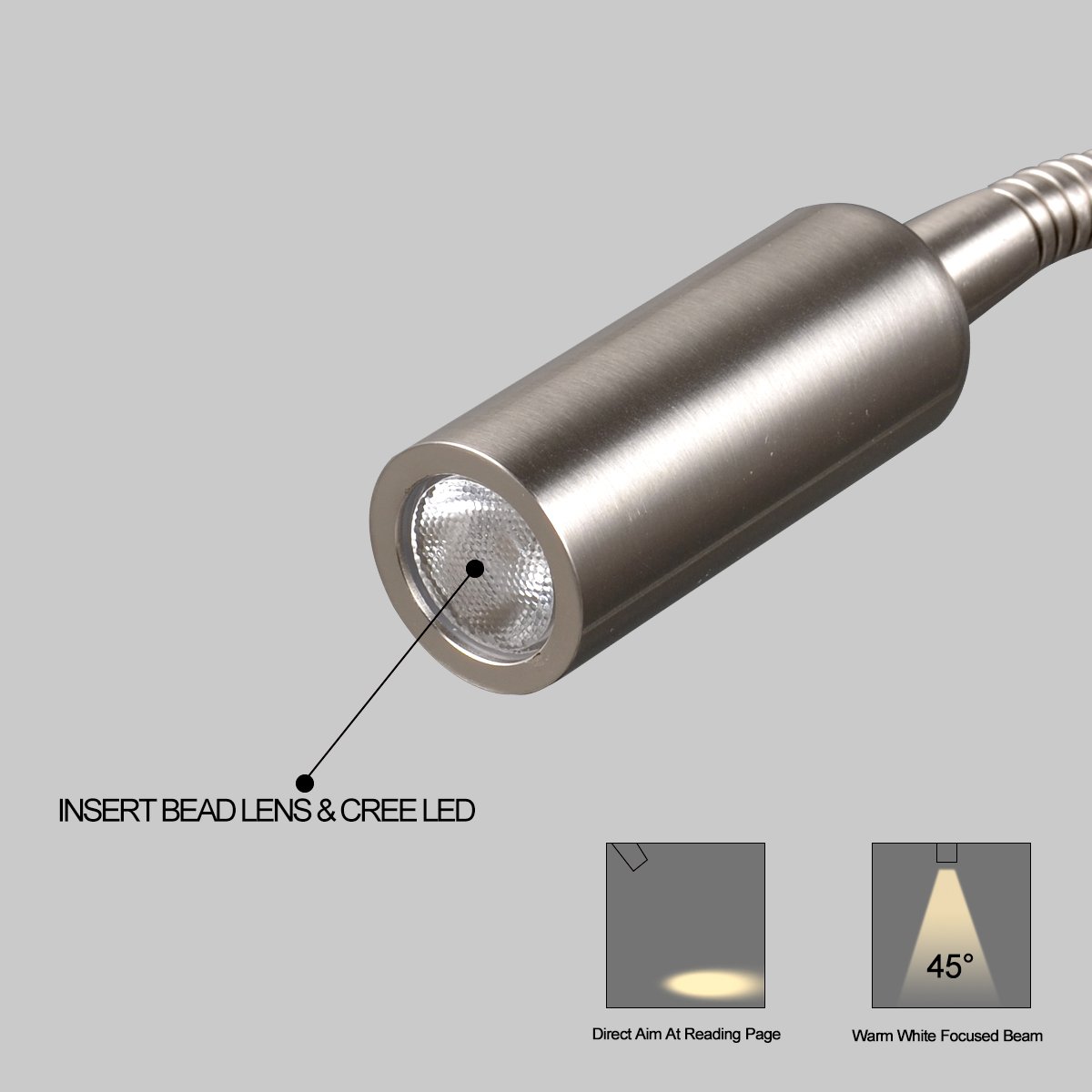 Manual Control Dimmable Flexible Gooseneck Wall Lamp Reading Lights for Books in Bed 3w /surface nickel /3000k/AC 220V