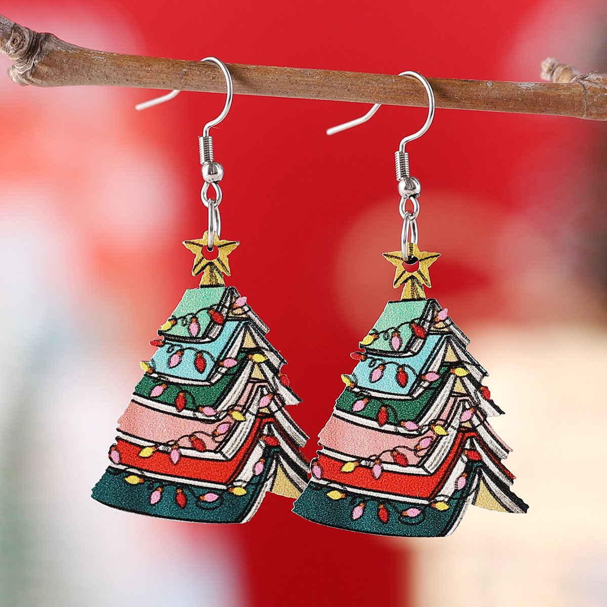 New Christmas star lights book Christmas tree pendant earrings wooden double-sided earrings teacher gifts