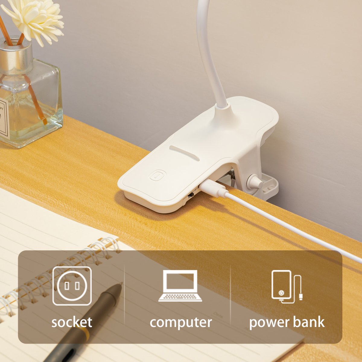 YOLOMO LED Clip Reading Book Light Usb Charging Clamp Lamp with Flexible Neck Rechargeable Table Lamp