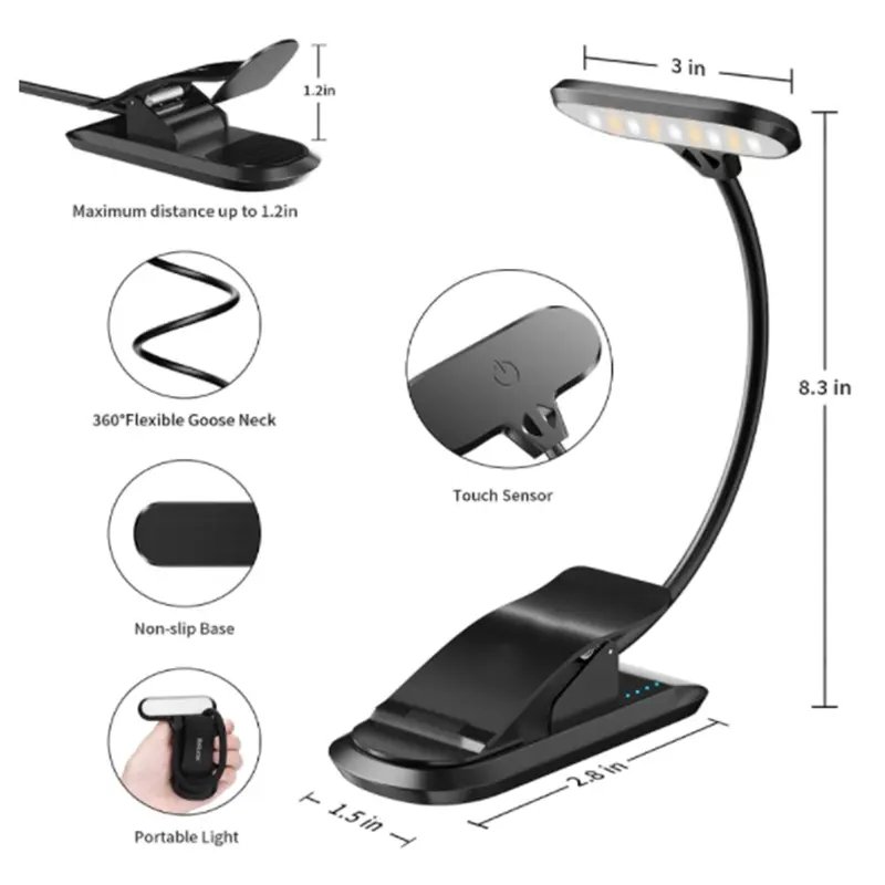 2023 New Design Wholesale Logo Customized Wide Amber Book Light Led Dimmable Bedside Reading Lamp Clip on Book Light