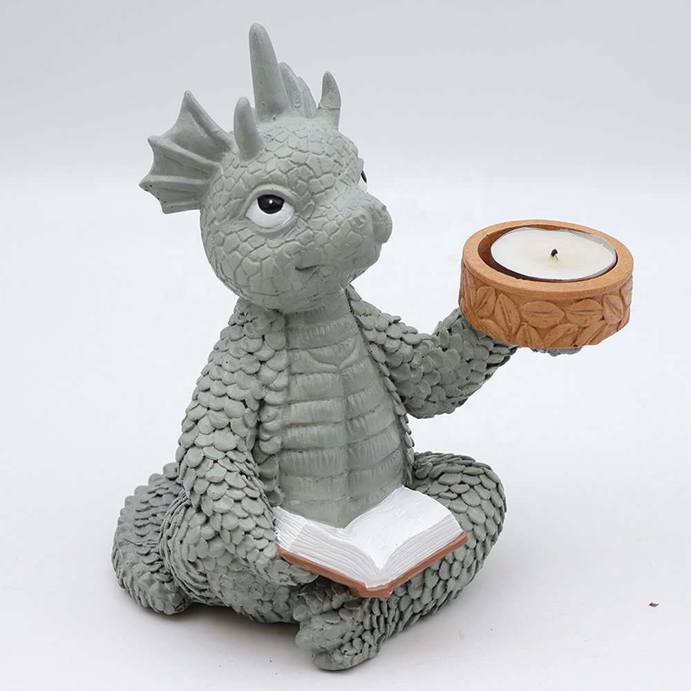 Custom wholesale resin craft decorative animal cute cartoon baby dragon sitting reading a book tea light candle holder
