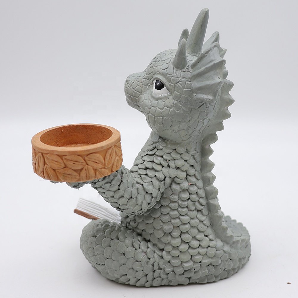 Custom wholesale resin craft decorative animal cute cartoon baby dragon sitting reading a book tea light candle holder