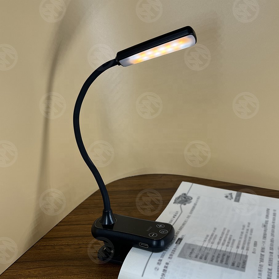portable USB type C recharging plastic 3 level brightness adjustable flexible dimmable led bed aside reading light with clip