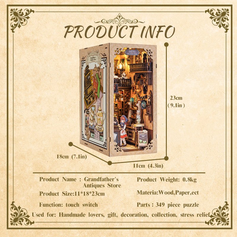Cutebee DIY Crafts 3D Wooden Puzzle Touch Sensor on Led Light Night Light Grandfather's Antiques Store Book Nook Kit