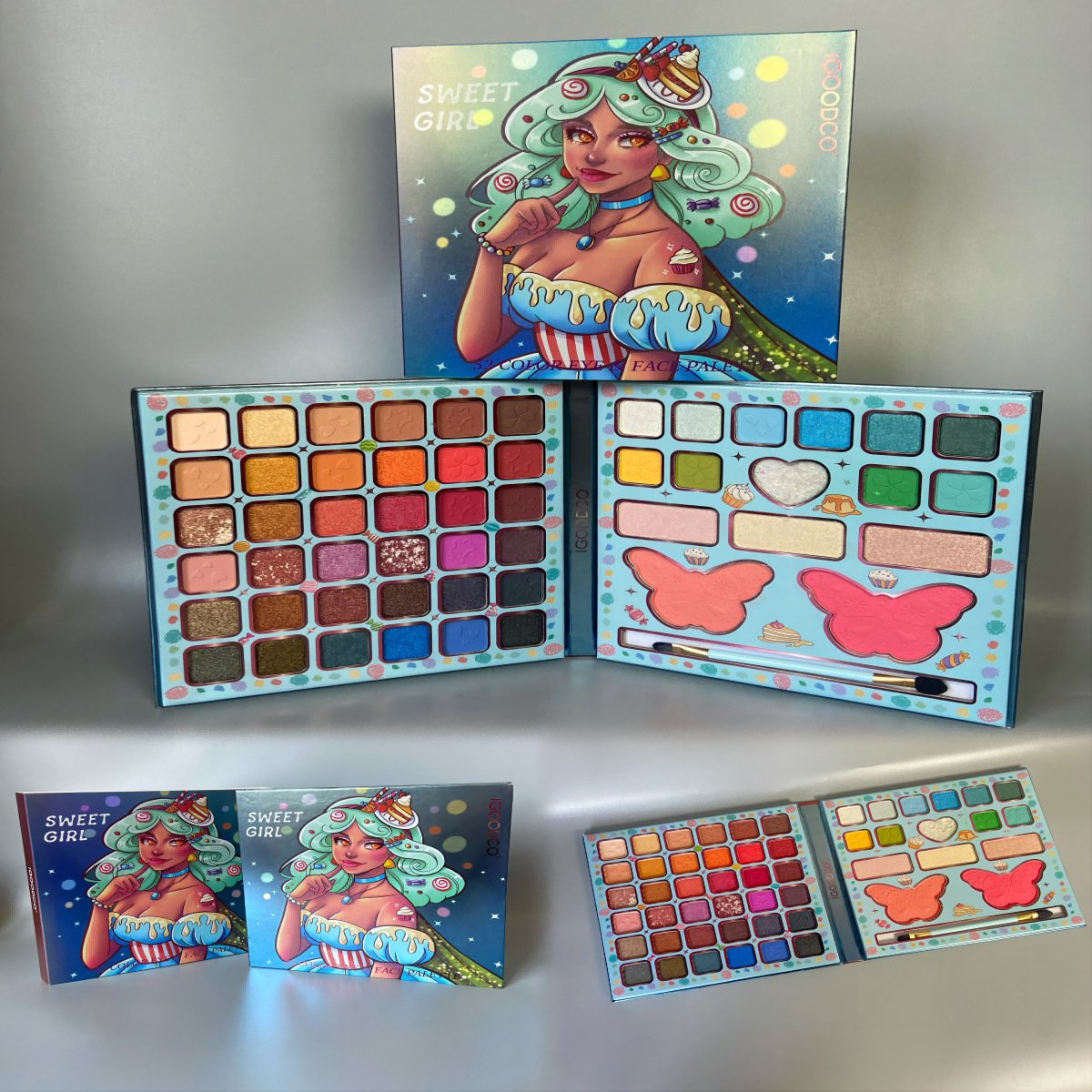 Wholesale cute eyeshadow palette book Vegan glitter High pigment maquillaje multichrome Custom Eyeshadow primer Makeup set