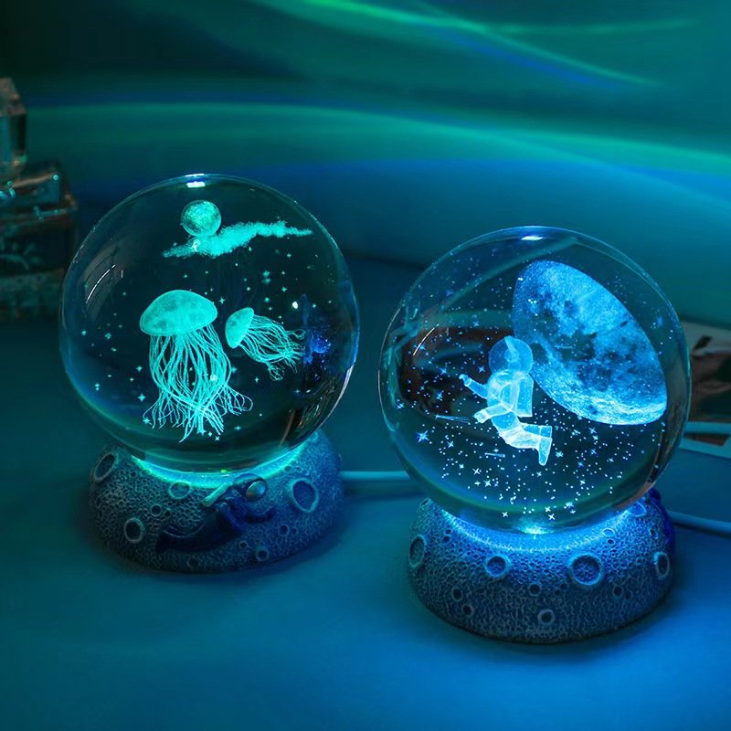 Wholesale Custom 3D Art Luminous Crystal Ball Solar System LED Night Lights Wooden Base Book Decor for Home Desktop Decorations