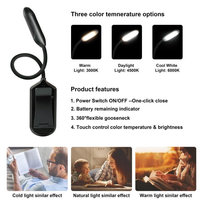 Rechargeable LED Book Light Portable Clip On Reading Table Lamp Night Light with Clamp for Kids Gooseneck Eye Protection