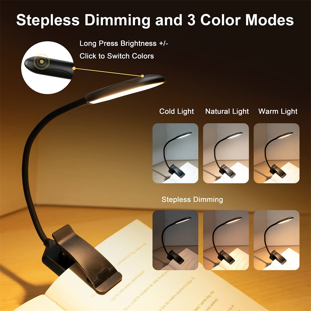 Rechargeable LED Book Light Portable Clip On Reading Table Lamp Night Light with Clamp for Kids Gooseneck Eye Protection