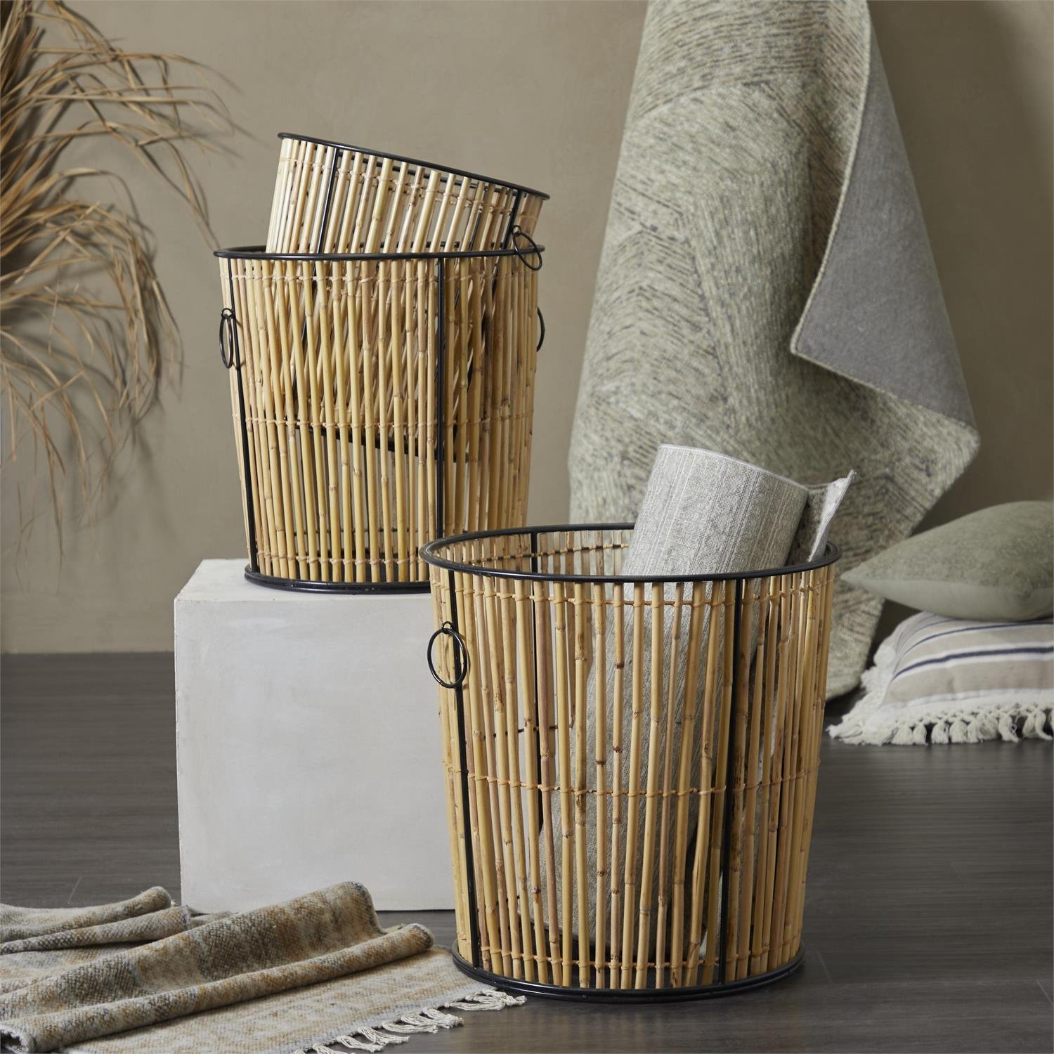 wholesale Light Brown Rattan Handmade Slatted Frame Decorative and Functional Storage Basket Ring Handles,Set of 3 20",18", 15"H