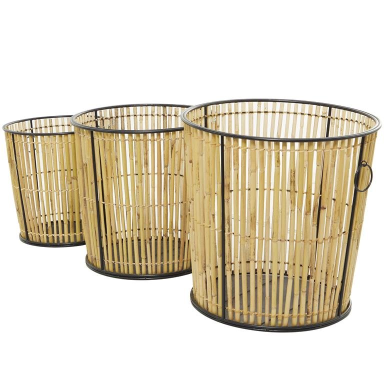 wholesale Light Brown Rattan Handmade Slatted Frame Decorative and Functional Storage Basket Ring Handles,Set of 3 20",18", 15"H